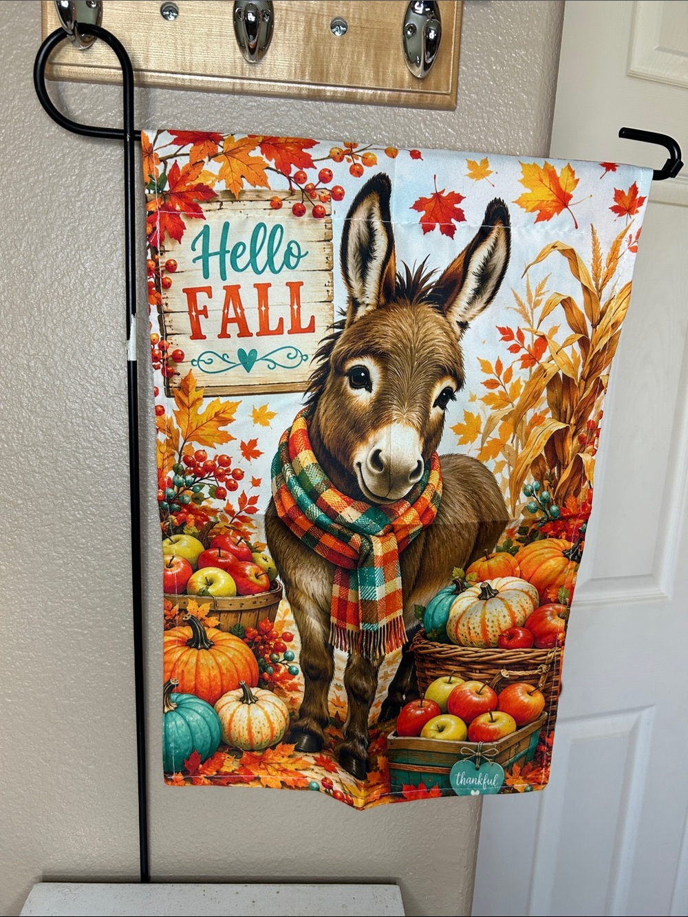 Garden Yard Flag Hello Fall Donkey Tapestry Orange, Teal & Cream Autumn Accent - Picture 3 of 6